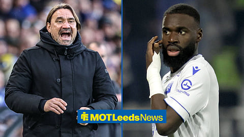 Daniel Farke on the left handing out instructions at Leeds and Lassine Sinayoko on the right in action for Auxerre