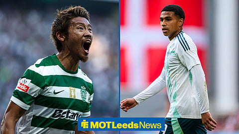 Hidemasa Morita shouting in Sporting CP kit alongside Shea Charles playing for Northern Ireland