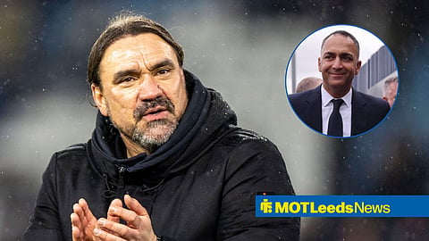 Leeds United boss Daniel Farke and chairman Paraag Marathe in circular frame inset
