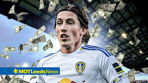 Harry Wilson in a Leeds shirt with money behind him