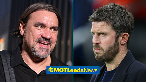 A 50:50 image with Leeds manager Daniel Farke on the left, looking happy. On the right is Manchester United manager Michael Carrick, with a stern expression on his face.