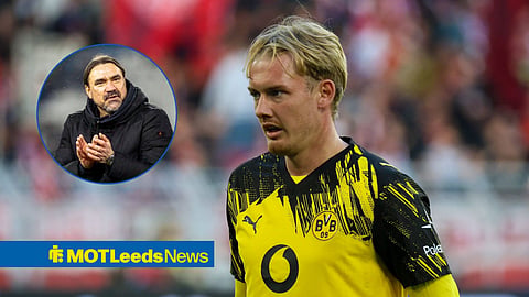 Borussia Dortmund star Julian Brandt in action and Leeds United boss Daniel Farke clapping.