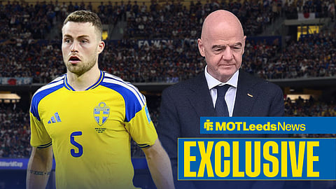Gabriel Gudmundsson in action for Sweden, with FIFA president Gianni Infantino alongside him