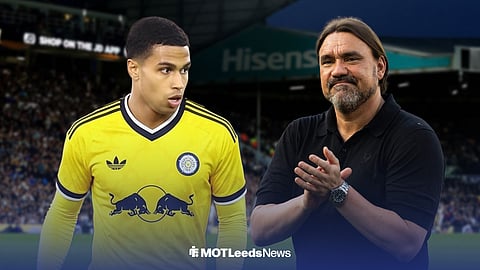 Shea Charles in a Leeds kit, with Daniel Farke beside him and Elland Road in the background