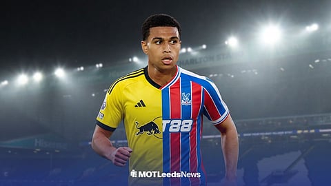 Shea Charles in a half-Leeds, half-Crystal Palace shirt.