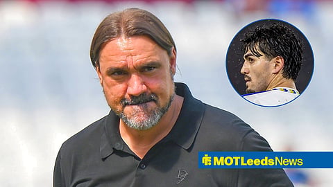 Main image of Daniel Farke walking prior to kick before a Leeds United game at London Stadium with Pascal Struijk's face in a circular inset on the right