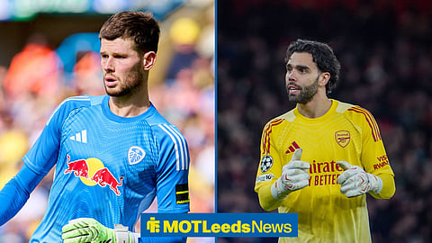Illan Meslier and David Raya both looking left in split images of them in action for Leeds United and Arsenal