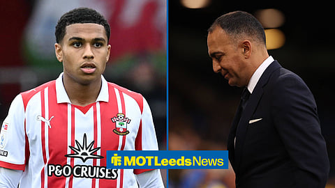Shea Charles in action for Southampton on the left with Paraag Marathe looking down at the ground on the right