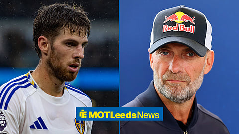 Anton Stach in action for Leeds United on the left with Jurgen Klopp looking on from the right