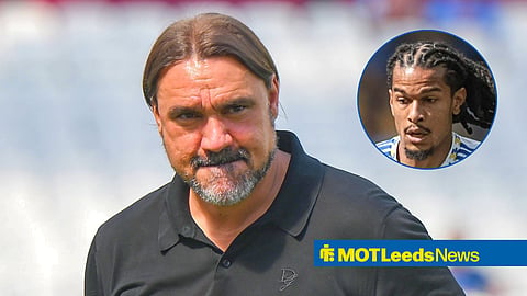 Main image of Daniel Farke looking on before kick-off of a Leeds United game and Isaac Schmidt's face in a circular inset on the right
