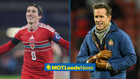 A 50:50 image with Harry Wilson on the left celebrating a goal he scored for Wales. On the right is Wrexham co-owner and Hollywood actor Ryan Reynolds.