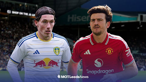 Harry Wilson in a Leeds United kit, with Harry Maguire alongside him and Elland Road in the background