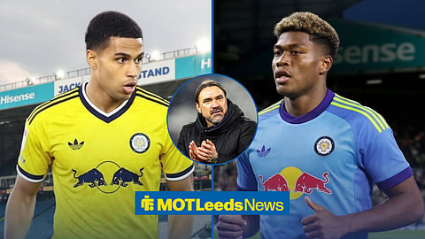 A side-by-side image of Shea Charles and Zion Suzuki, and a circular inset of Leeds United manager Daniel Farke