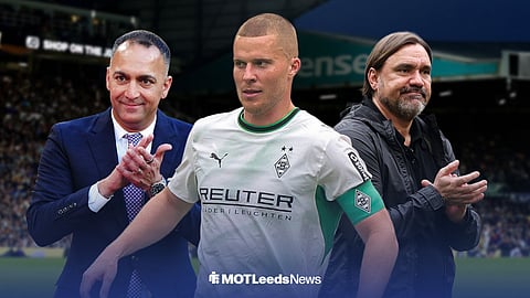 Nico Elvedi at Elland Road with Paraag Marathe on his left and Daniel Farke on his right