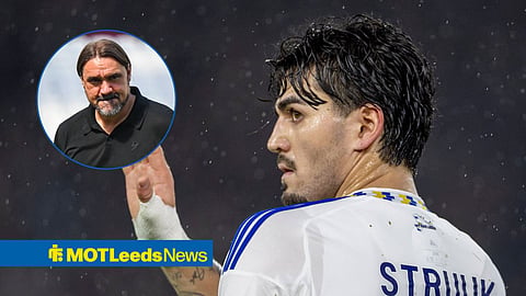 Pascal Struijk in action for Leeds with Daniel Farke in circular inset