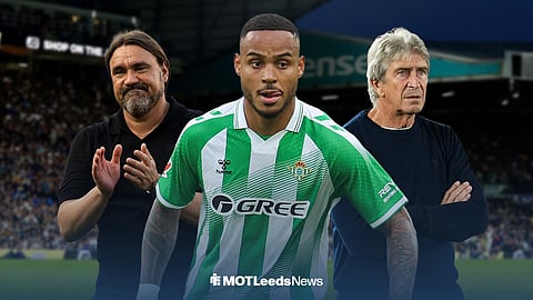 Natan at Elland Road with Daniel Farke and Manuel Pellegrini by his side