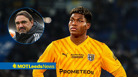 Zion Suzuki in action for Parma, with Daniel Farke in a circular frame inset