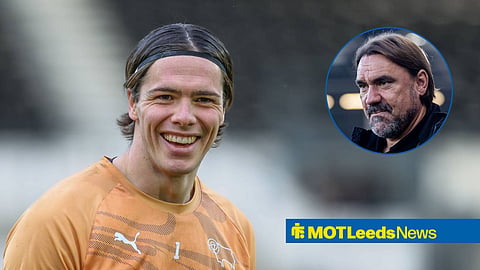 Jacob Widell Zetterstrom warming up for Derby County, with Daniel Farke in a circular frame inset