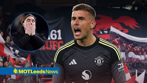 Karl Darlow in a Manchester United shirt and Leeds United boss Daniel Farke