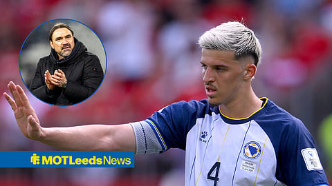 Tarik Muharemovic and Leeds United manager Daniel Farke in a circular inset