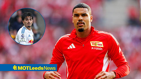 Pascal Struijk in action for former club Leeds United during a Premier League match and Danilho Doekhi of Union Berlin warming up before a Bundesliga contest.