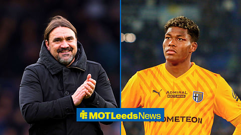 Split image of Leeds United manager Daniel Farke smiling and clapping on the pitch and Zion Suzuki looking on while playing for Parma