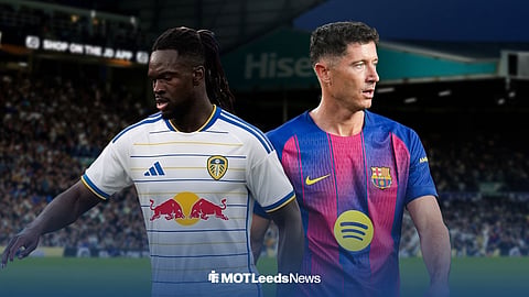 Oumar Solet in a Leeds shirt, along with Robert Lewandowski in action for Barcelona, both feature inside Elland Road.