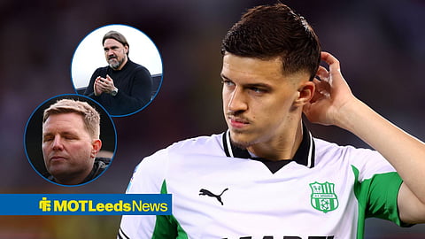 Tarik Muharemovic looking left with Eddie Howe and Daniel Farke in circular insets