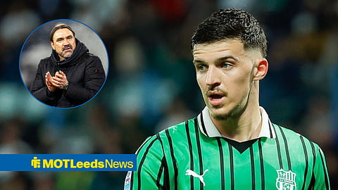 Sassuolo defender Tarik Muharemovic and Leeds United manager Daniel Farke in a circular inset