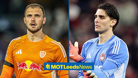 Split image of Luccas Perri staring on as he plays for Leeds United and Konstantinos Tzolakis during a game playing for Olympiacos