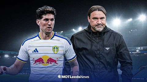 John Stones in the Leeds United 2026-27 home shirt and Daniel Farke, ahead of Elland Road.