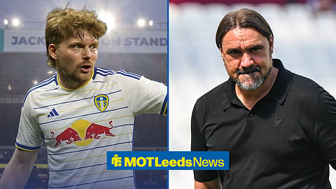 Pavel Sulc in a Leeds United home kit, with Daniel Farke alongside him in a split image