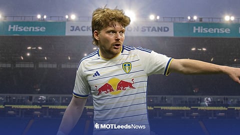 Pavel Sulc in a Leeds United 2026-27 home kit, with Elland Road behind him