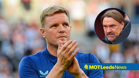 Main image of Eddie Howe clapping as Newcastle United manager and Leeds United boss Daniel Farke's face in a circular frame inset on the right