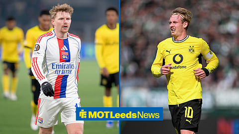 Split image of Pavel Sulc walking as he plays for Olympique Lyon and Julian Brandt running as he features for Borussia Dortmund