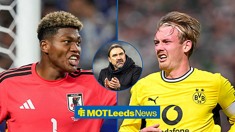 A side-by-side image of Zion Suzuki and Juiian Brandt and a circular inset of Daniel Farke
