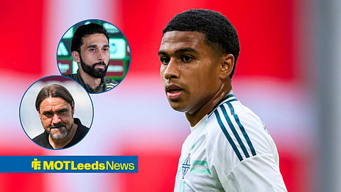 Shea Charles playing for Northern Ireland, with Daniel Farke and Alvaro Arbeloa in circular frames inset