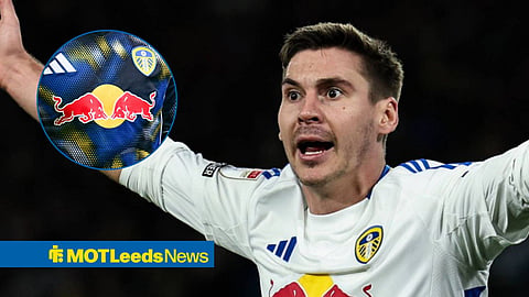 Max Wober in action for Leeds United with Leeds' Red Bull sponsor in circular inset