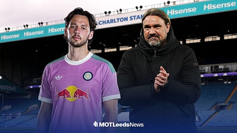 James Trafford in a Leeds goalkeeper top, with Daniel Farke alongside him applauding and Elland Road in the background
