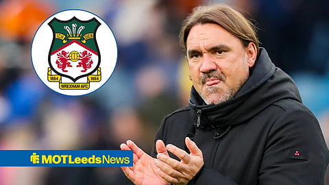 Leeds United manager Daniel Farke applauding with Wrexham AFC's badge in circular inset