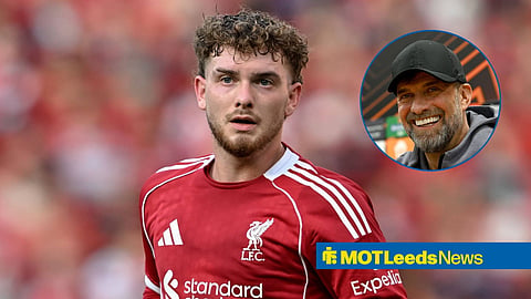 Harvey Elliott in action for Liverpool and Jurgen Klopp in circular inset at press conference