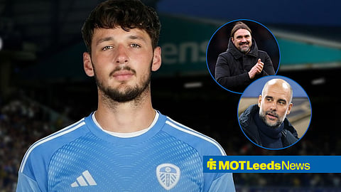 James Trafford in a Leeds United shirt, and Daniel Farke and Pep Guardiola in circular insets