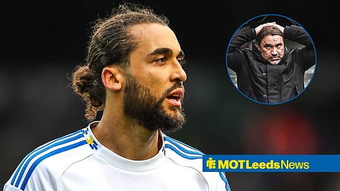 Dominic Calvert-Lewin looking right with Daniel Farke in circular inset with hands on his head