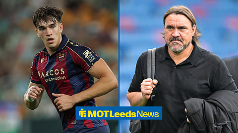 Carlos Espi in action for Levante and Daniel Farke looking on as Leeds United manager