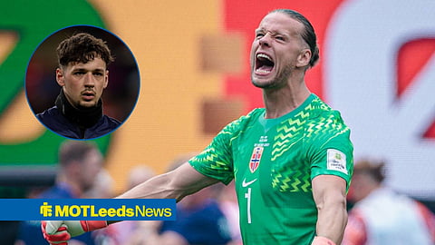 James Trafford in a circular inset to the left while warming up for England as Orjan Nyland celebrates for Norway at the 2026 World Cup.