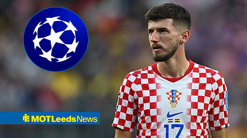 Petar Sucic in action for Croatia at the 2026 FIFA World Cup with the Champions League logo in a circular inset