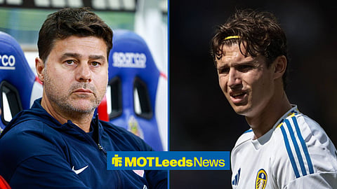 Mauricio Pochettino looking ahead on the left and Brenden Aaronson in action for Leeds on the right