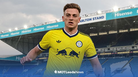 Graphic of Liam Delap in a Leeds United kit with Elland Road in the background