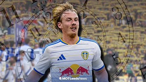 Julian Brandt with a Leeds home kit on, with a clock in the background to signify time is ticking