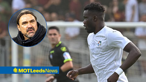 Leeds United-linked midfielder Amadou Kone playing for NEOM and Leeds United manager Daniel Farke in a circular inset.